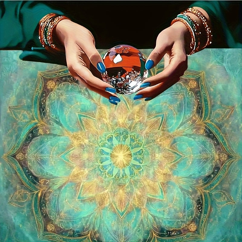 1pc Tarot Tablecloth - Mystical Mandala Altar Cloth with Turquoise and Golden Patterns, Durable Polyester Material, Suitable for Tarot Reading, Séance Parties, Meditation - Easy-to-Clean Spiritual Decor, Witchcraft Rituals,