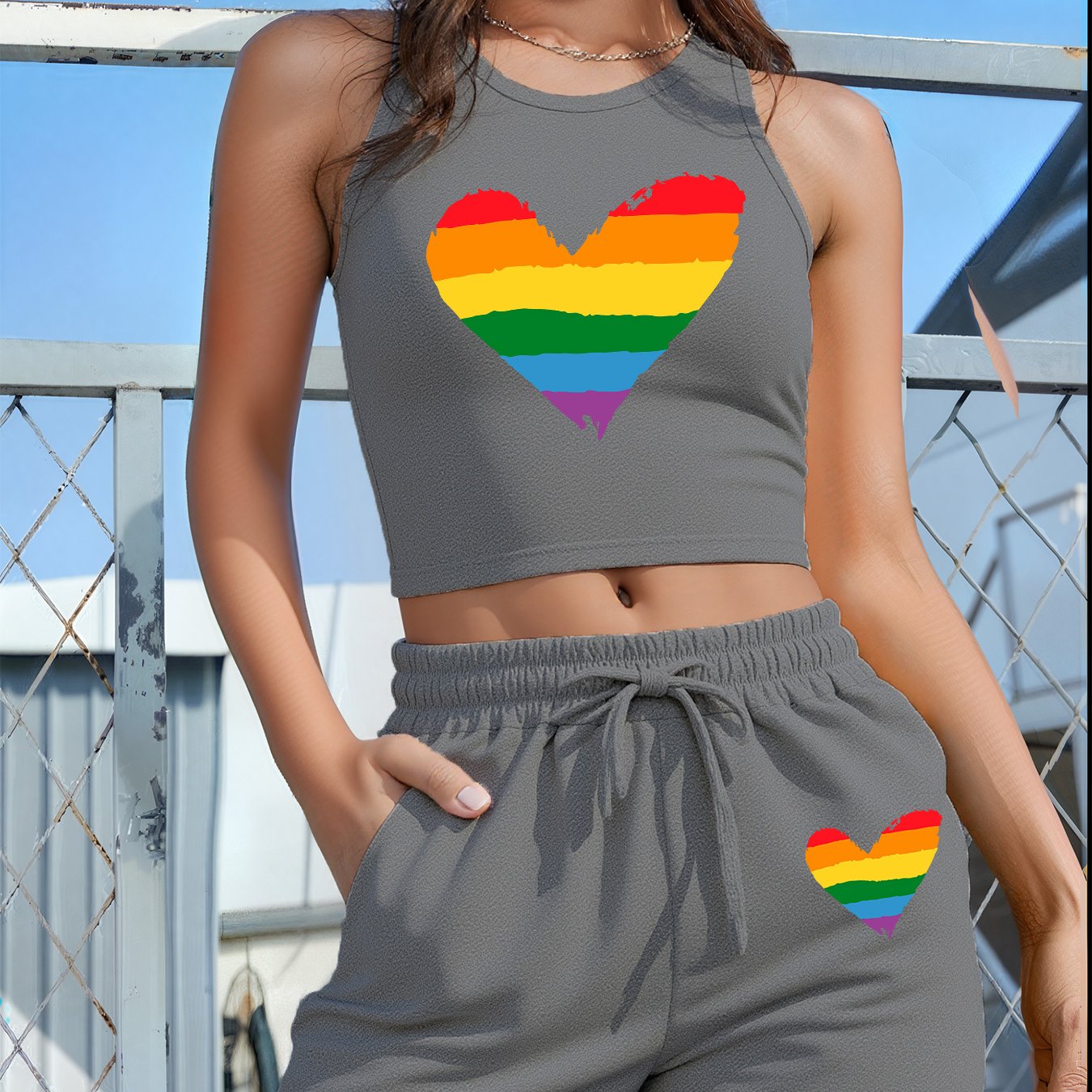 2PCS Set 5 Colors Women's LGBTQ+ Pride Heart Graphic - Sleeveless Vest & Loose Shorts Outfit in Red with Green/Purple Stripes, Drawstring Waist - Machine Washable Lounge, Party, Everyday Outfits