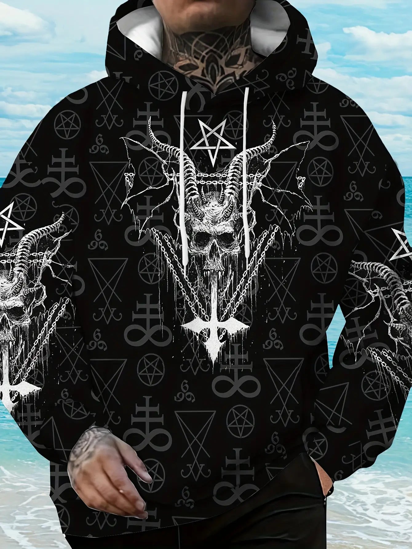 Secret Society Gothic Men's Plus Size Casual Hooded Sweatshirt with Sheep Head and Pentagram Pattern, Fashionable Trendy Long Sleeve Pullover Jacket