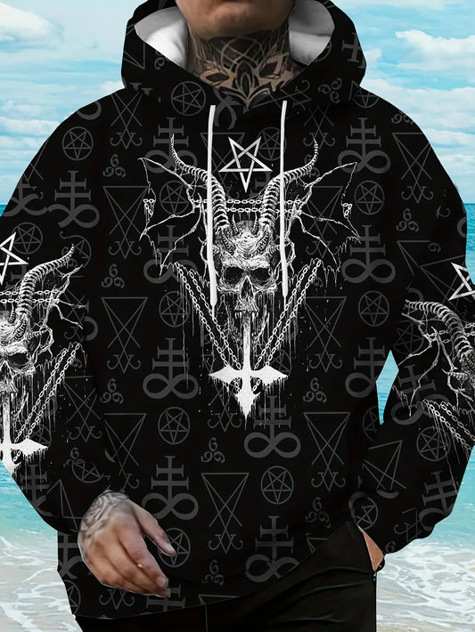 Secret Society Gothic Men's Plus Size Casual Hooded Sweatshirt with Sheep Head and Pentagram Pattern, Fashionable Trendy Long Sleeve Pullover Jacket