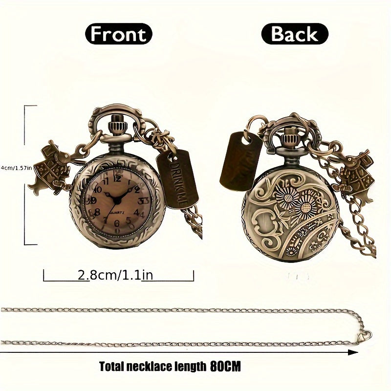 Vintage Bronze Quartz Pocket Watch For Women, Retro Alloy Case, With Rabbit And Tag, Gift For Men And Women
