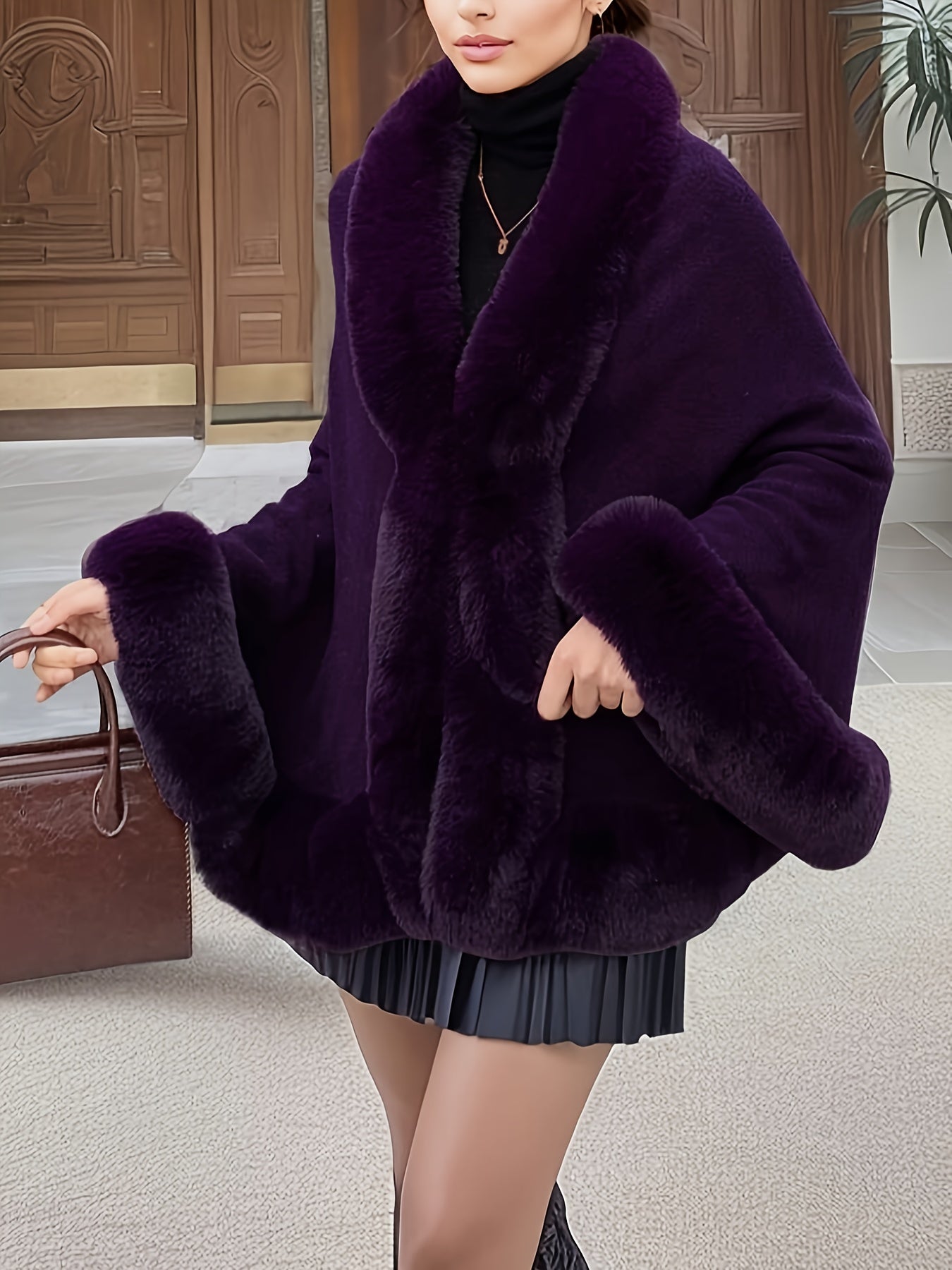 Plus Size Elegant Faux Fur Cape Coat for Women - Plush Purple Winter Coat with Contrast Collar, Warm Fall/Winter Outerwear, Non-Stretch Fabric, Stylish Black Skirt & Brown Handbag, Winter Coats for Women