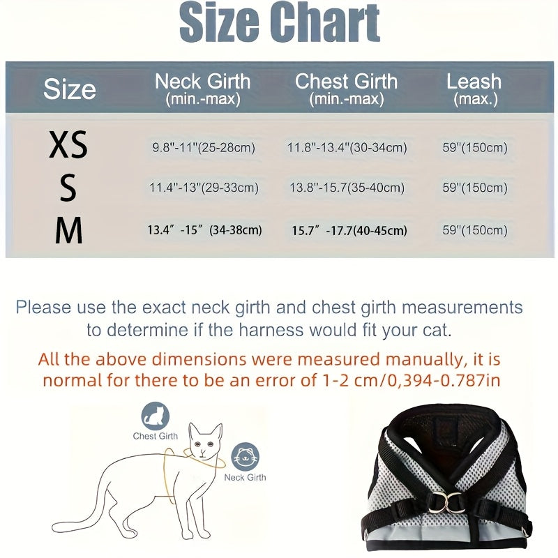 XS/S/M Size Cat and Dog Leash Set, Vest-Style Pet Harness with Anti-Escape Leash, Suitable for Cats and Dogs, Breathable Mesh Leash, Anti-Breakaway