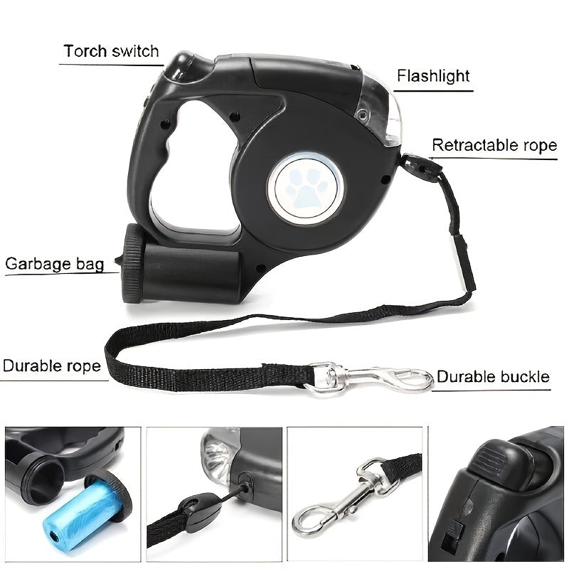 Pet Retractable Black Leash with a Trash Bin, Dog Leash, Pet Leash, Includes Free Trash Bags.