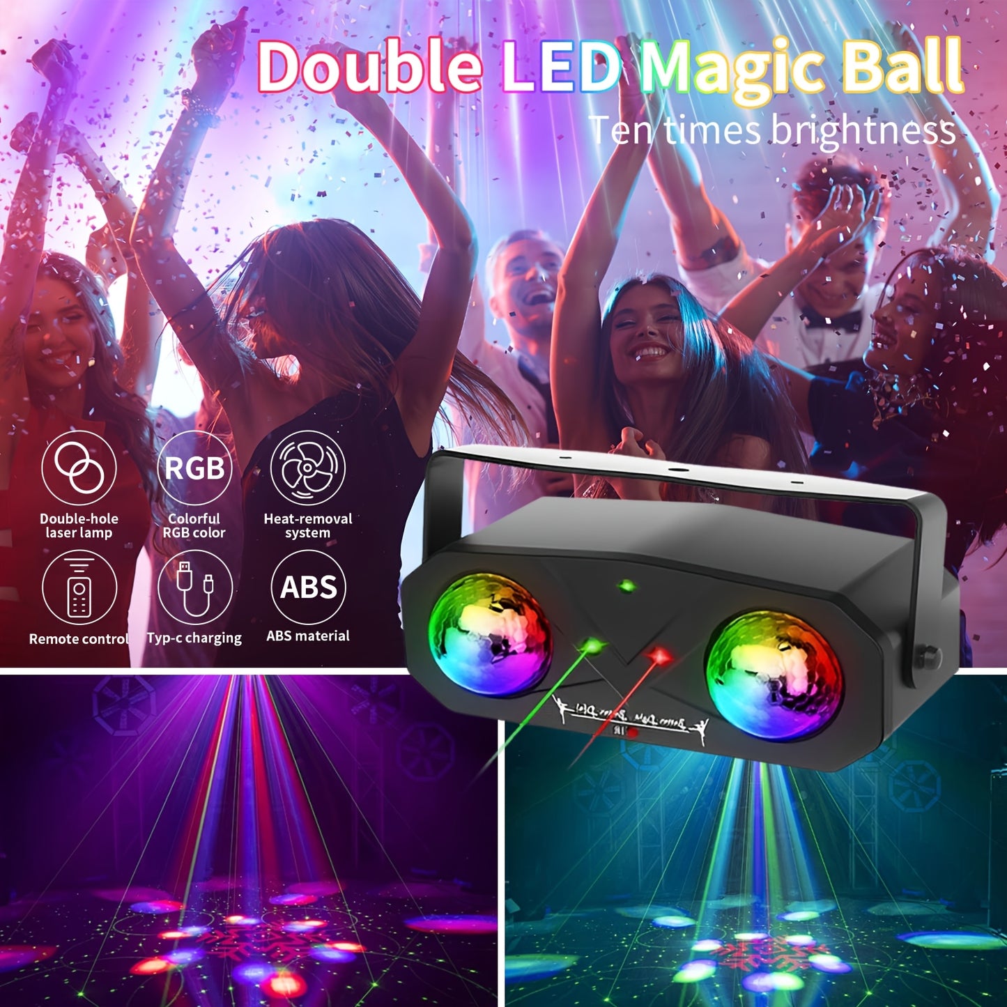 Double Magic Ball Laser stage light, LED + laser, flashing light effect, voice control with remote control, handle design, USB power supply, suitable for gatherings, parties, birthdays, festival essential atmosphere light, La
