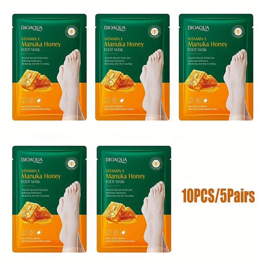 10 PCS Set Pack Vitamin E & Manuka Honey Intense Moisturizing Foot Masks for Extremely Dry, Cracked Feet, Winter Skincare, Pedicure Salon & Home Spa Care - Nourishing for Sensitive Light Beige