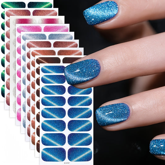 9 Sheets Glitter Gel Nail Stickers, Green Cat's Eye Full Cover Nail Wraps Sticker, Spring & Summer, Fresh style, One-Time Use, Super Good Texture, No Requiring Curing, Suitable for Women And Nail Art Home Salon, Easy to Apply