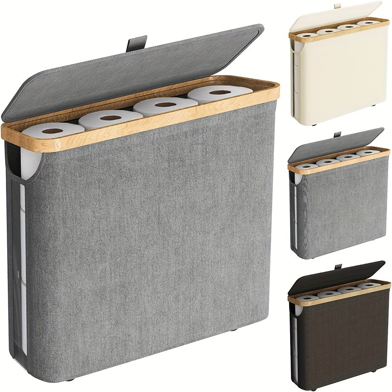 12 Rolls Bamboo Toilet Paper Holder with Lid - 30L Capacity, Modern Fabric Storage Basket for Bathroom, Kitchen, or Office, Multi-Purpose Organizer with Handle, Bathroom Organizer|Sleek Toilet Paper Holder|Durable Bamboo Mate