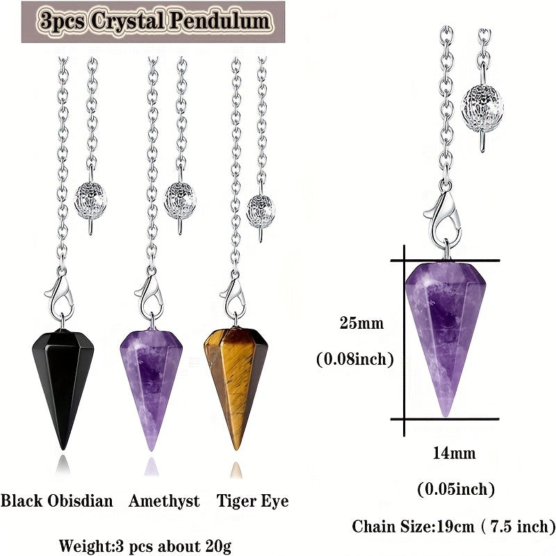 3 PCS Set Mystic Crystal Pendulums Set for Divination Dowsing Natural Amethyst Tiger Eye Black Obsidian Crystal Quartz Reiki Gemstone Pendants Future Reading Medium