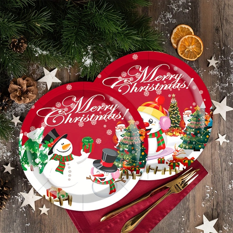 30pcs Festive Christmas Party Tableware Set - 22.86cm & 17.78cm Snowman Themed Paper Plates and Cups with "Merry Christmas" Design, Food-Safe Paper for Holiday Celebrations, Christmas Decorations, Perfect for Thanksgiving for
