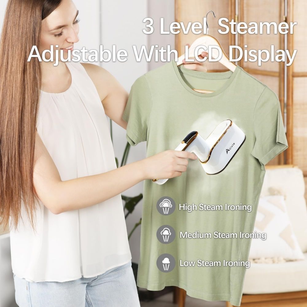 2 in 1 Steam Iron with 3 Level Steamer, Wet/Dry Portable Iron with LCD Screen & 180 Degree Rotating Handle for Silk, Wool, Cotton, Chiffon, Linen, Nylon (White)