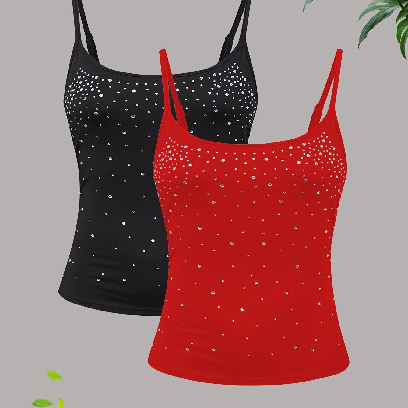 2 PCS Set Elegant Rhinestone-Embellished Strapless Tops - Adjustable Spaghetti Strap Blouses with Sparkling Collar, Semi-Sheer Short Sleeve Shirts (Black & Red) for Parties, Weddings, Prom - Machine Washable Polyester