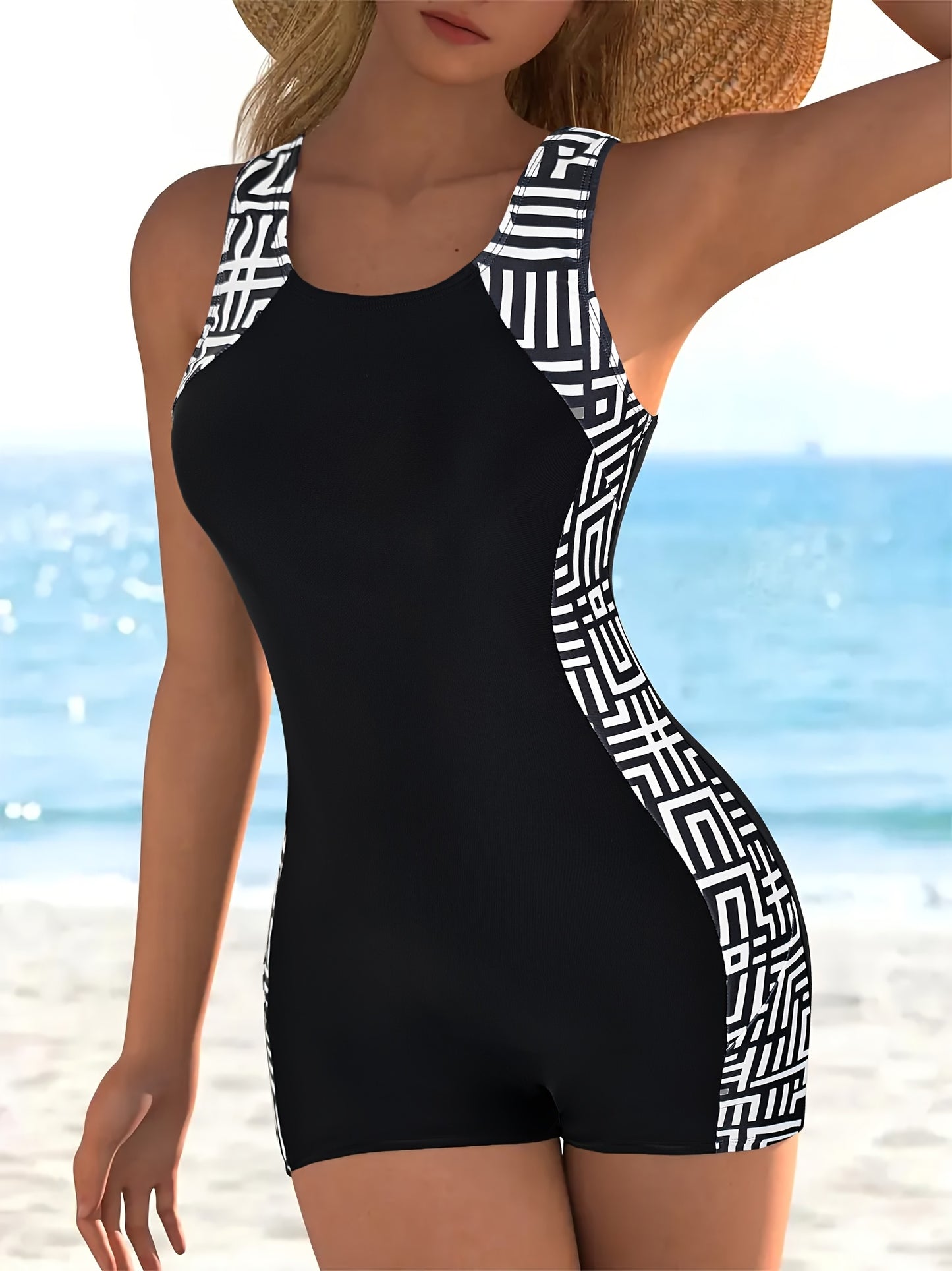 S-XL UK (8-18) Size  Summer New Hot-Selling Poolside Sports Monokini Swimwear | Crew Neck, High Stretch, Random Print, One-Piece, QVR Women's Competitive Swimsuit