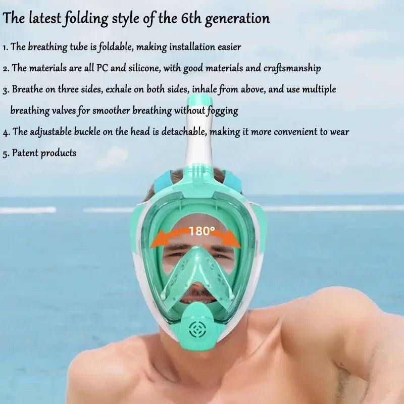 Full face snorkeling mask with detachable camera holder, adult folding snorkeling swimming diving mask wide viewing angle anti-f