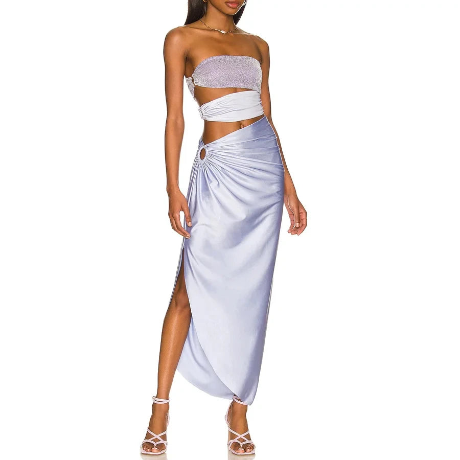 Pearl Shoulder Strap Cutout Shiny Texture One Piece Swimsuit and Skirt  Swimwear Women Beachwear Bathing Suit bikini set