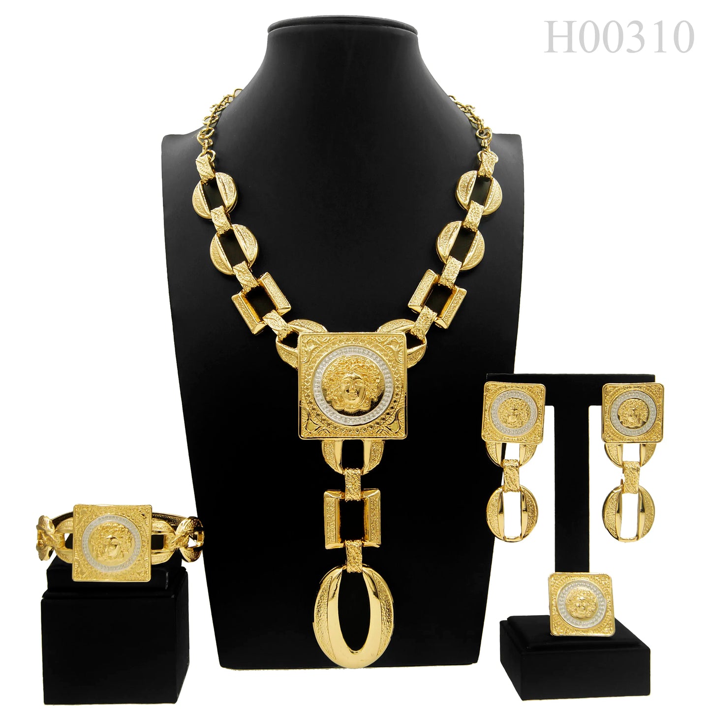 Hot Sale Fashion Ladies Necklace Jewelry Set Face Shape Chain Pendant Design Large Earrings Square Ring Gift Luxury Bijoux