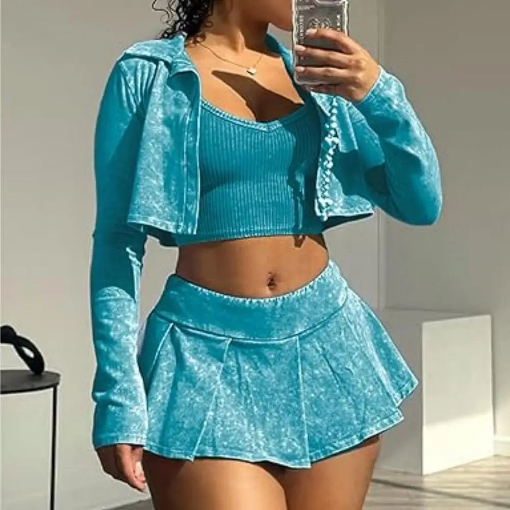NEW Arrivals 3PCS Set UK/Asian Big Size Fashion Tie Dye Vintage Y2K Street Women Vest +Long Sleeve Coat +Mini Pleated Skirts Outfits Female Thick Rubber Clothing Girls Sexy Fashion Apparel Products
