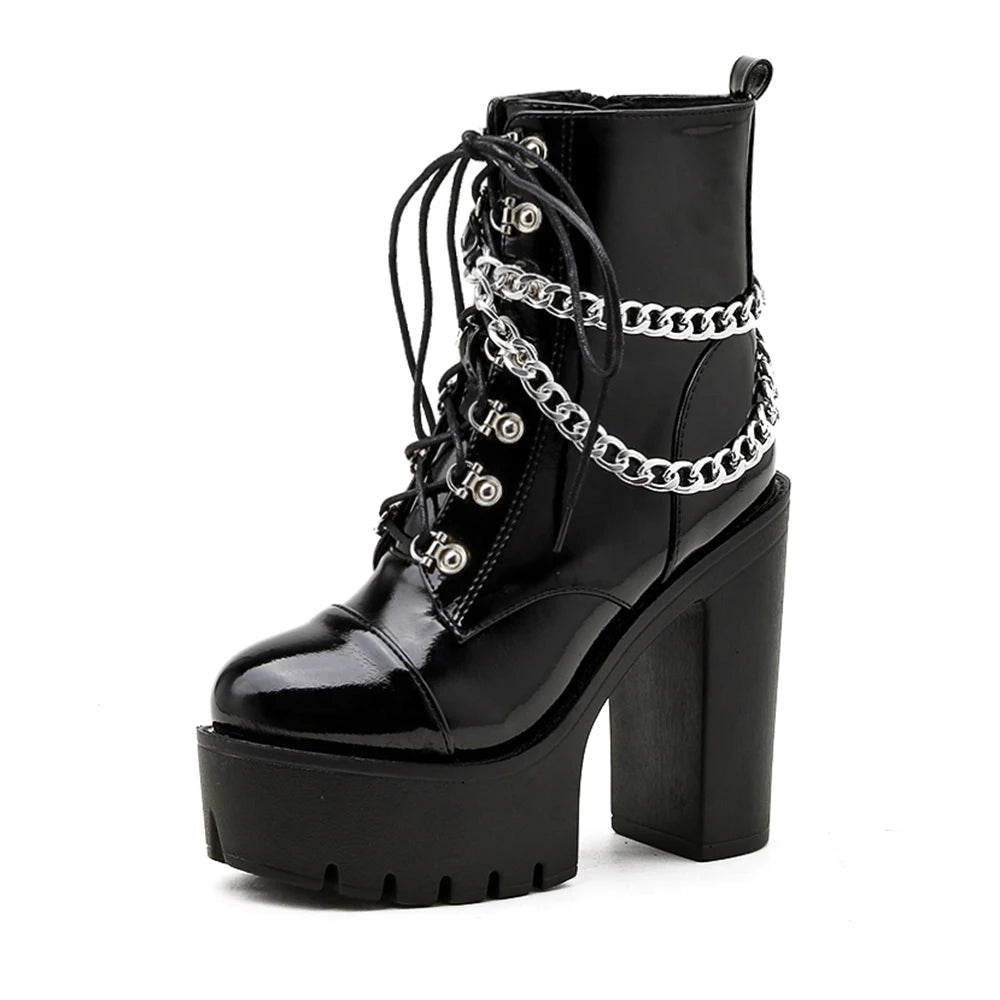 Gdgydh Women's Black Gothic High Heel Ankle Boots Sexy Chain Punk Style Patent Leather Platform Boots Lace Up Motorcycle Boots