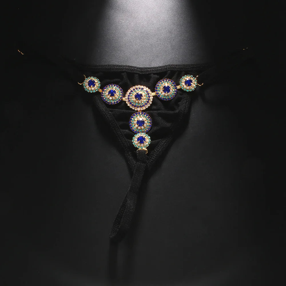 Rhinestone Evil Eye Thong Bikini Bottom Underwear Panties G String Woman Lingerie Swimsuit Accessories Crystal Sexy Body Jewelry
