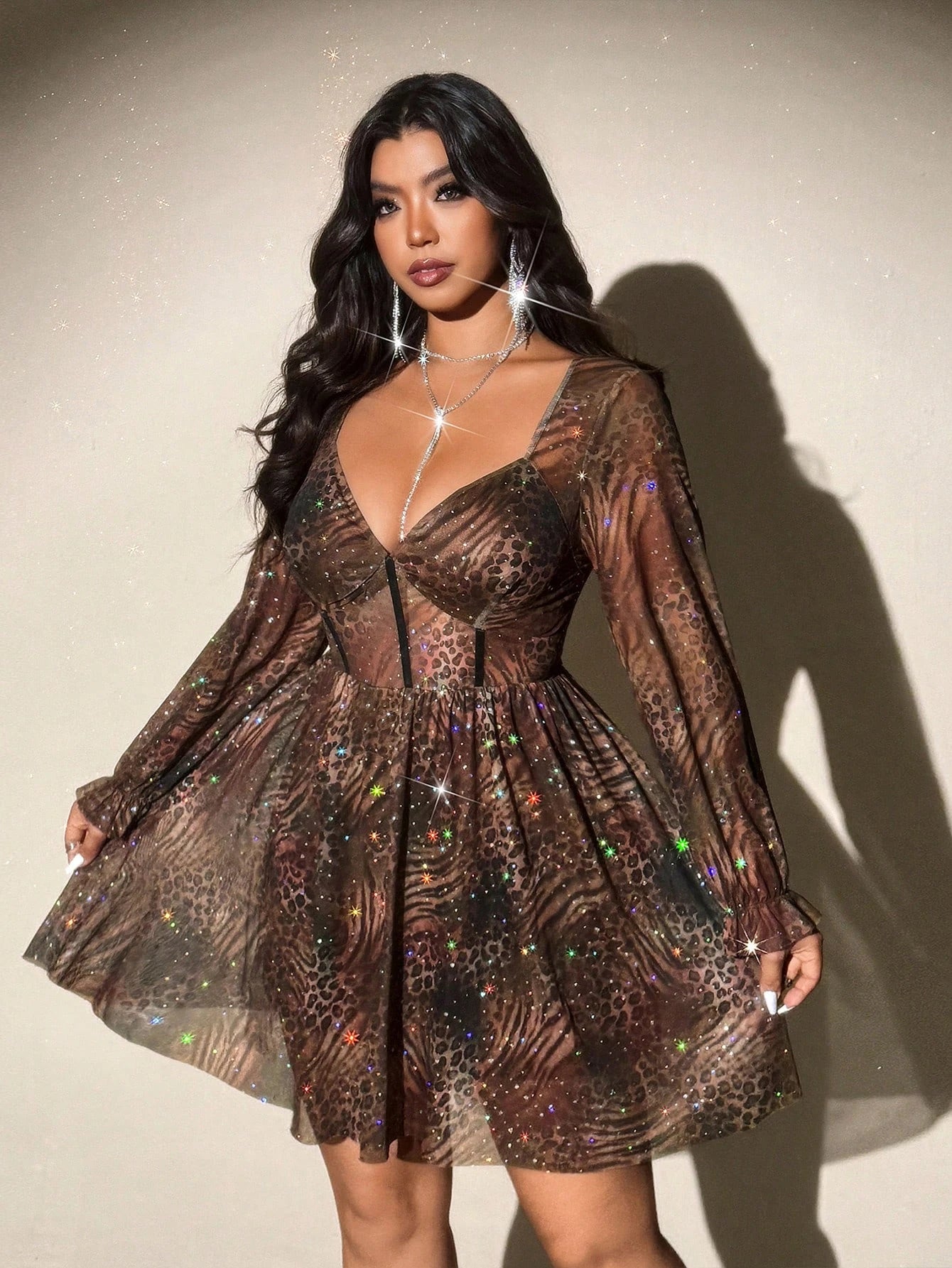 XL-5XL Plus Size for Curvy Ladies and Big Women V-Neck Leopard Print Long-Sleeved Party Sexy See Through Mini Dress, Featuring a Shimmering Sheer Skirt Evening Party Night Clubwear Outfit