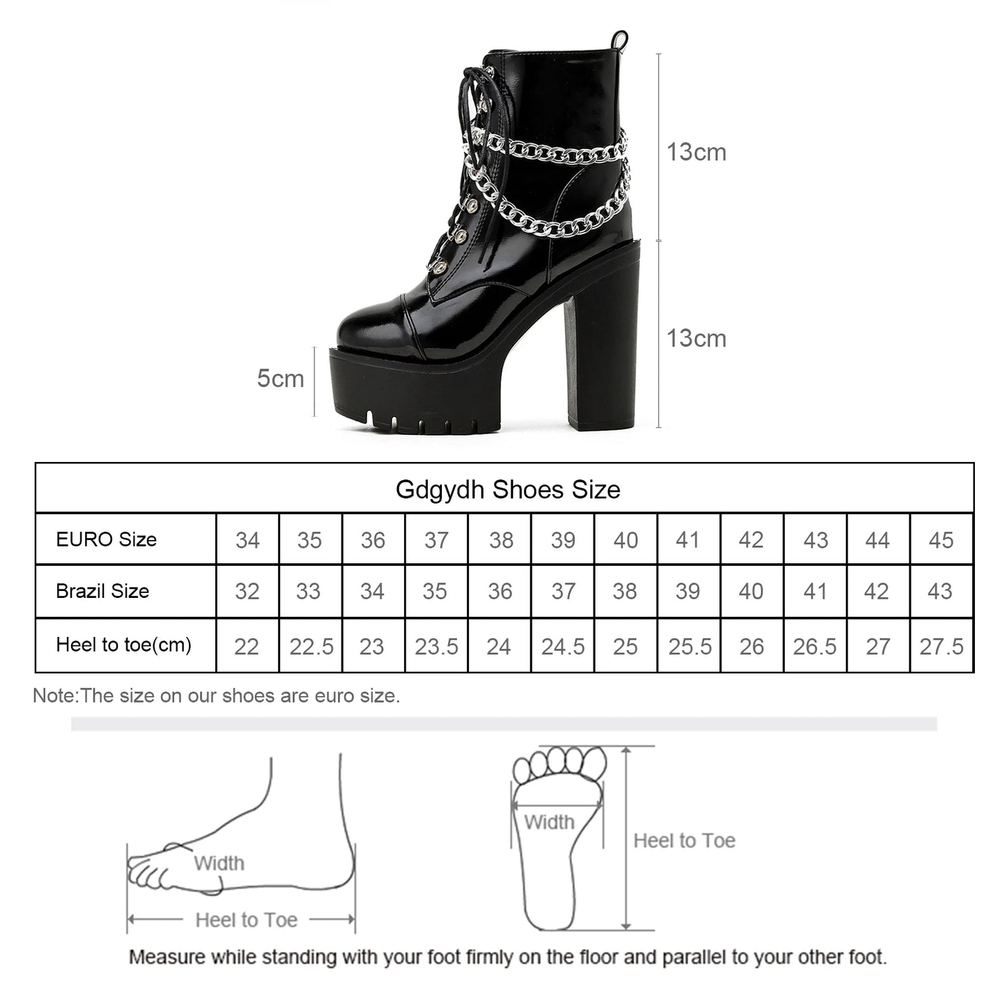 Gdgydh Women's Black Gothic High Heel Ankle Boots Sexy Chain Punk Style Patent Leather Platform Boots Lace Up Motorcycle Boots