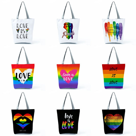 Customizable Love is Love Rainbow Graphic Fashion Tote Pride Cartoon Handbags For Women Colorful Reusable Shoulder Shopping Bag