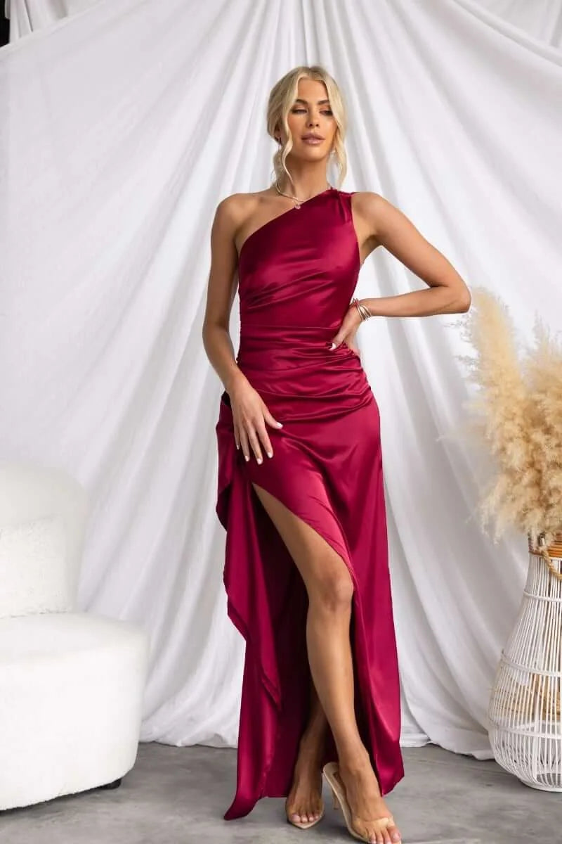 S-XL 7 Colors High Quality Women's Slim-Fitting Satin Luxury Dress with High-Slit Oblique Shoulder Slash Neck Elegant Ladylike Breathable Eco-Friendly for Autumn Spring Dating Sexy Gowns Ladies Luxury Clothing Supplies