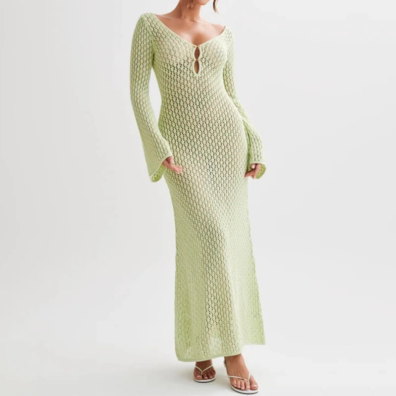 Sexy Women Long Knit Beach Dress Hollow-Out Deep V-Neck Long Sleeve Bikini Cover-Ups Dress Fall Backless Holiday Dress