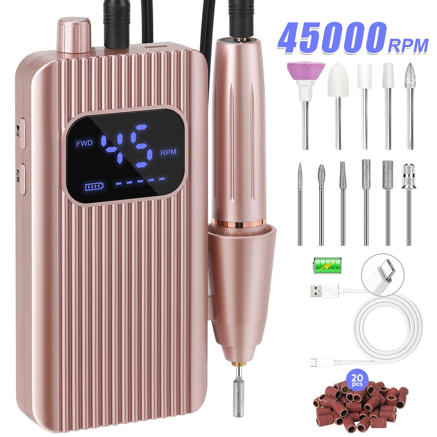 45000RPM Nail Drill USB Type C Electric Machine Portable Nail Polisher with LCD Display Electric Nail Polisher with 1600mAh Nail Tools Outdoor Travel Home Use Manicure Nails Care Supplies