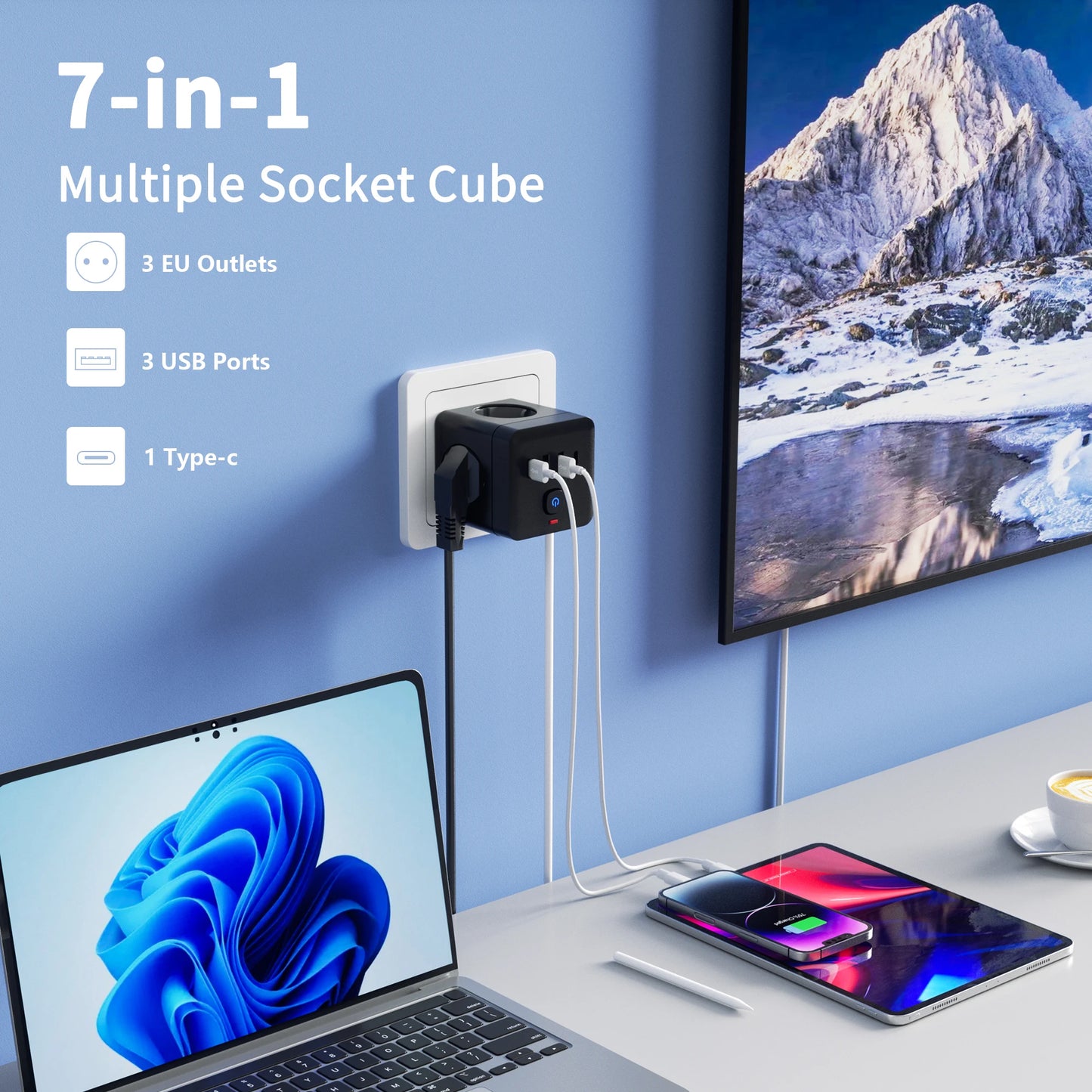 NEW 7-in-1 Combo EU Power Strip, Power Strip Surge Protector 3 AC Outlets 3 USB 1 Type-C, Desktop Charging Station With Overload Protection