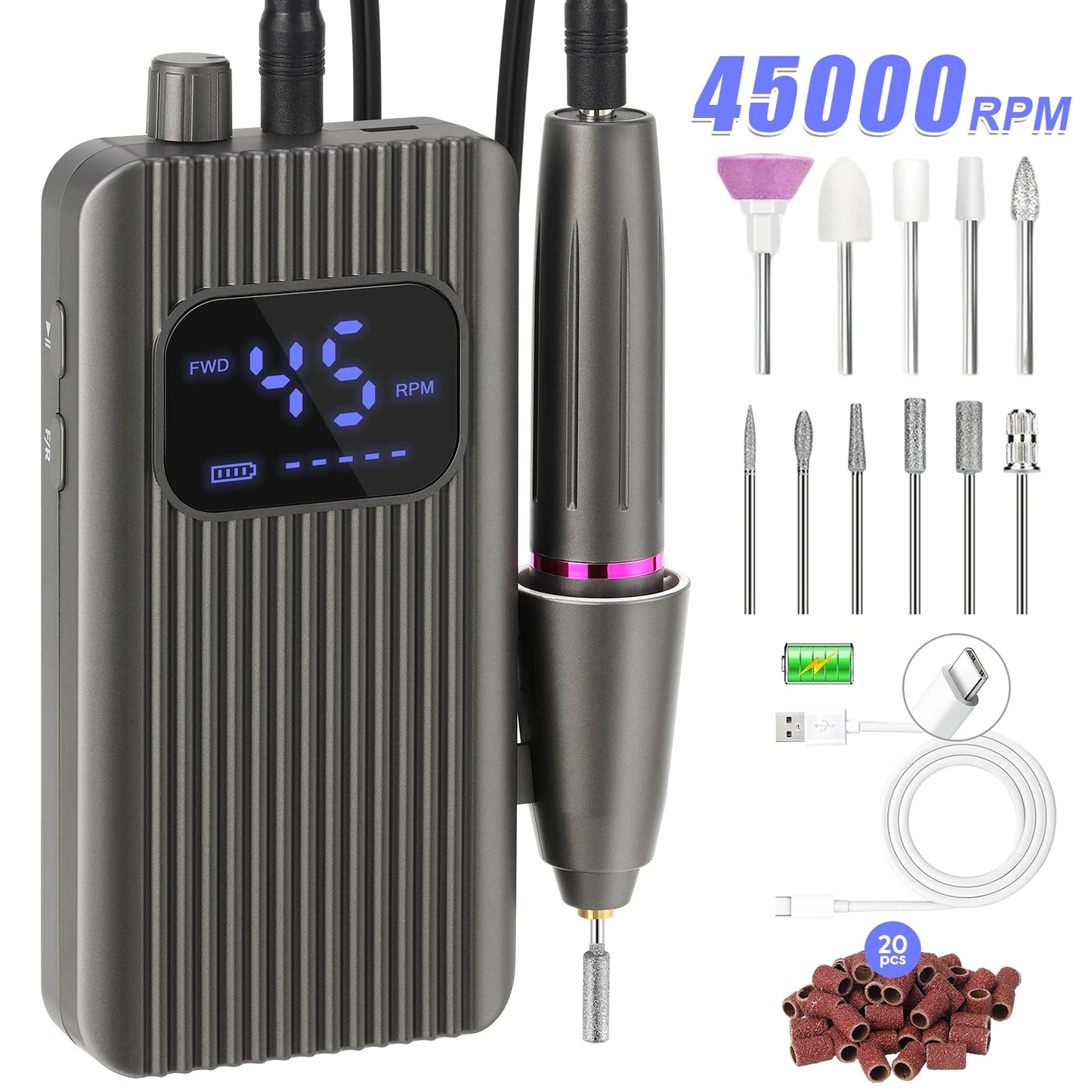 45000RPM Nail Drill USB Type C Electric Machine Portable Nail Polisher with LCD Display Electric Nail Polisher with 1600mAh Nail Tools Outdoor Travel Home Use Manicure Nails Care Supplies