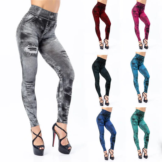 Sexy Astic Imitation Jeans Leggings Women Stretch High Waist Pants Fitness Slim Push Up Leggings For Women Summer Breeches