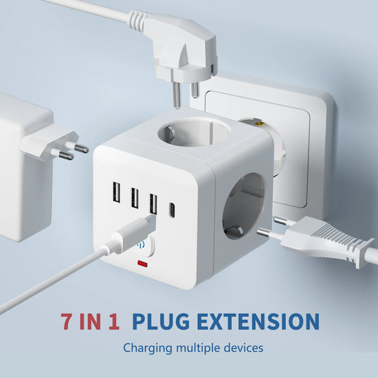 NEW 7-in-1 Combo EU Power Strip, Power Strip Surge Protector 3 AC Outlets 3 USB 1 Type-C, Desktop Charging Station With Overload Protection