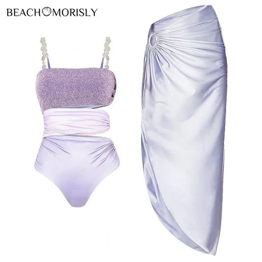 Pearl Shoulder Strap Cutout Shiny Texture One Piece Swimsuit and Skirt  Swimwear Women Beachwear Bathing Suit bikini set