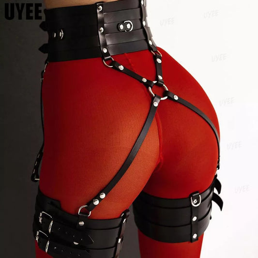 UYEE Sexy Lingerie for Women PU Leather Harness Garter Thight Belt Body Strap Goth Clothes Punk Bondage Cage Suspender Rave