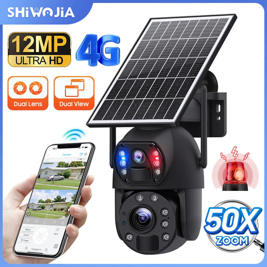 NEW 50X ZOOM 12MP 4G Sim Solar Camera Outdoor 360° Wireless WI-FI Battery Security Cameras Solar Panel PIR Night Vision Recording Home Office Factory Security Systems