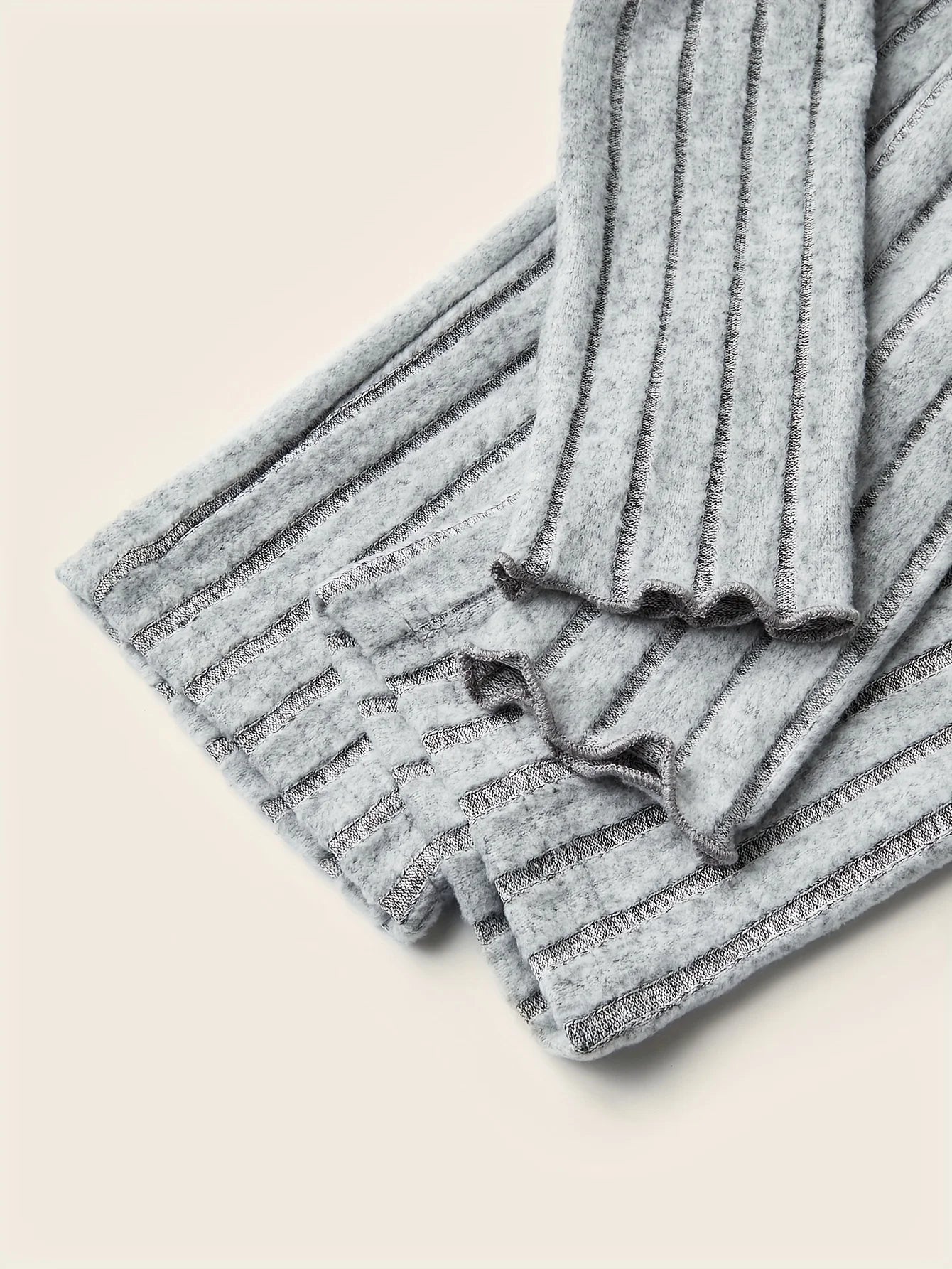 NEW 2 PCS Set S-XL Size Gray Casual Ribbed  Lettuce Trim Mock Neck Long Sleeve Top & Elastic Waist Pants Outfits, Women's Sports Clothing