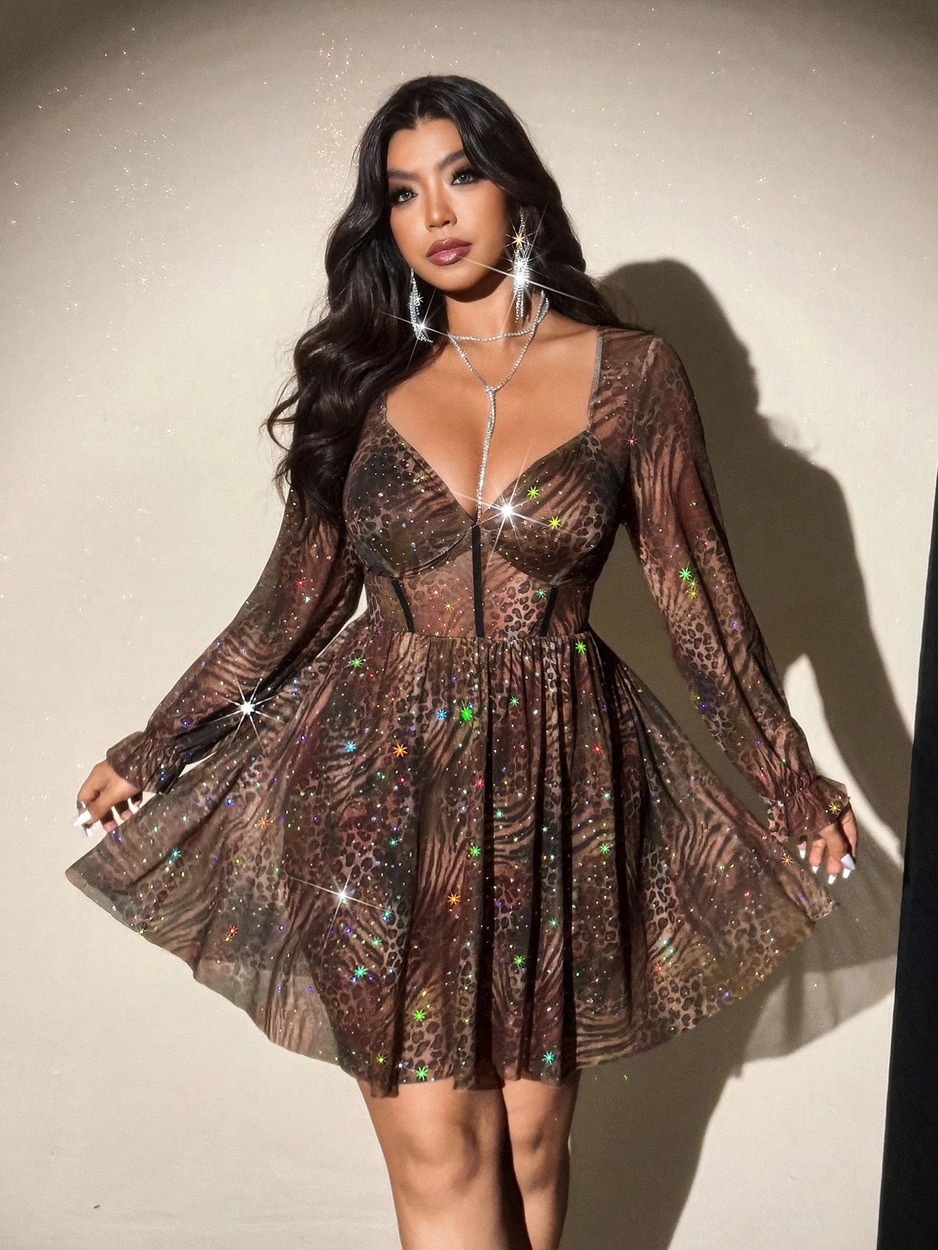 XL-5XL Plus Size for Curvy Ladies and Big Women V-Neck Leopard Print Long-Sleeved Party Sexy See Through Mini Dress, Featuring a Shimmering Sheer Skirt Evening Party Night Clubwear Outfit