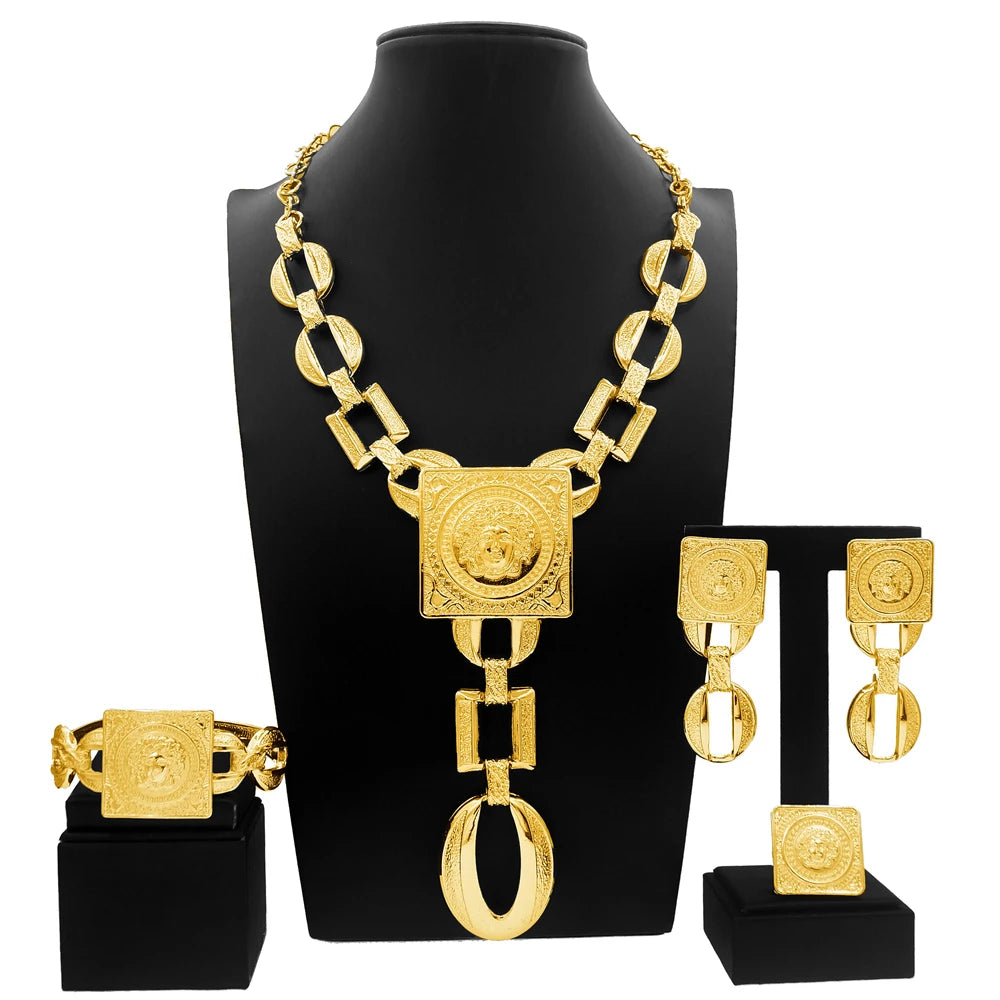 Hot Sale Fashion Ladies Necklace Jewelry Set Face Shape Chain Pendant Design Large Earrings Square Ring Gift Luxury Bijoux