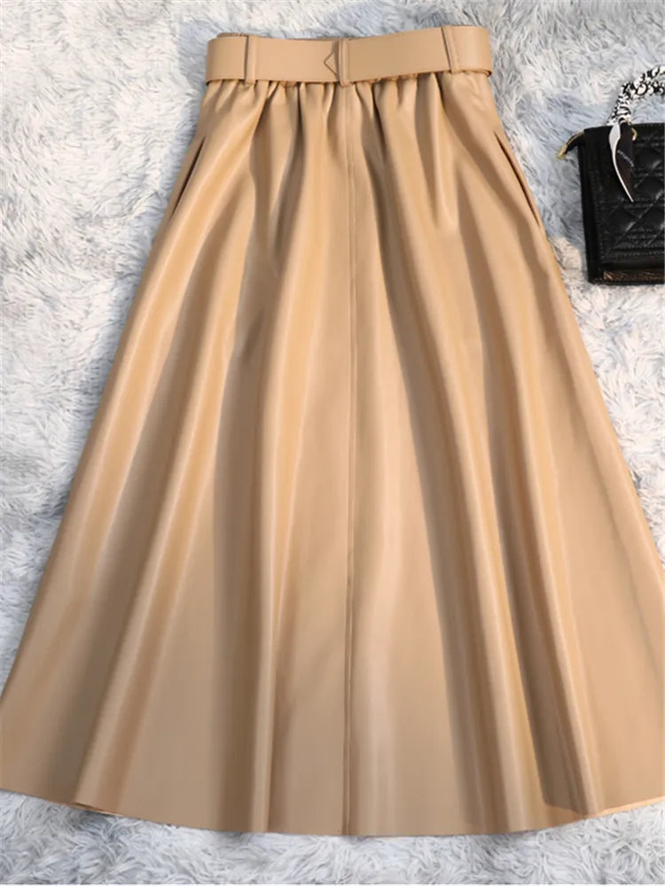 REALEFT Classic Faux PU Leather Long Skirts with Belted New High Waist Fashion Umbrella Skirts Ladies Female Autumn Winter