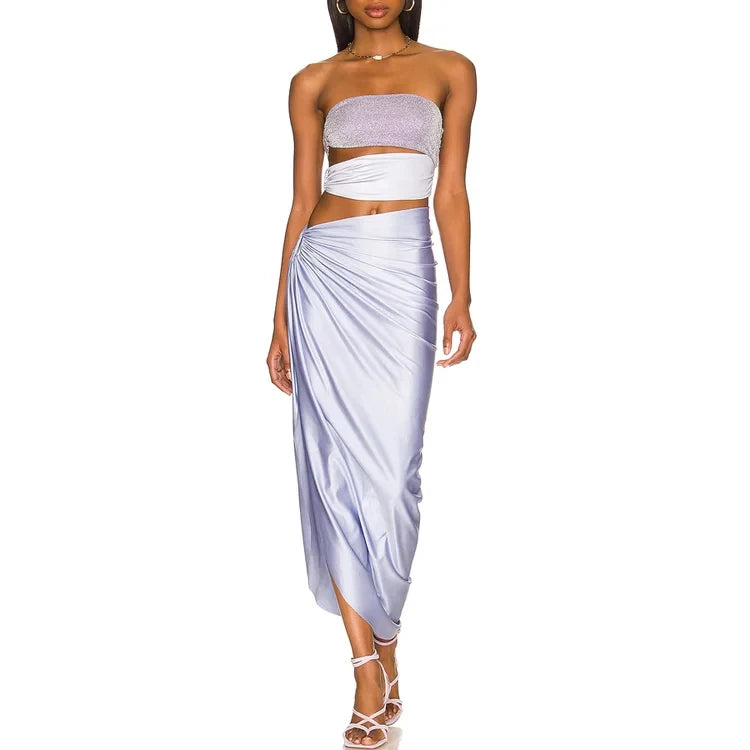 Pearl Shoulder Strap Cutout Shiny Texture One Piece Swimsuit and Skirt  Swimwear Women Beachwear Bathing Suit bikini set