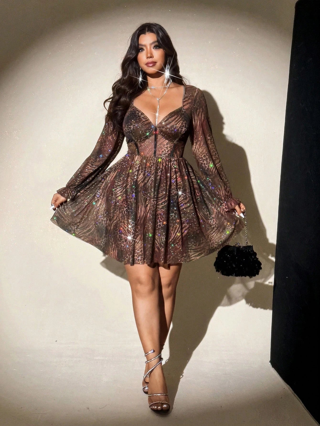 XL-5XL Plus Size for Curvy Ladies and Big Women V-Neck Leopard Print Long-Sleeved Party Sexy See Through Mini Dress, Featuring a Shimmering Sheer Skirt Evening Party Night Clubwear Outfit