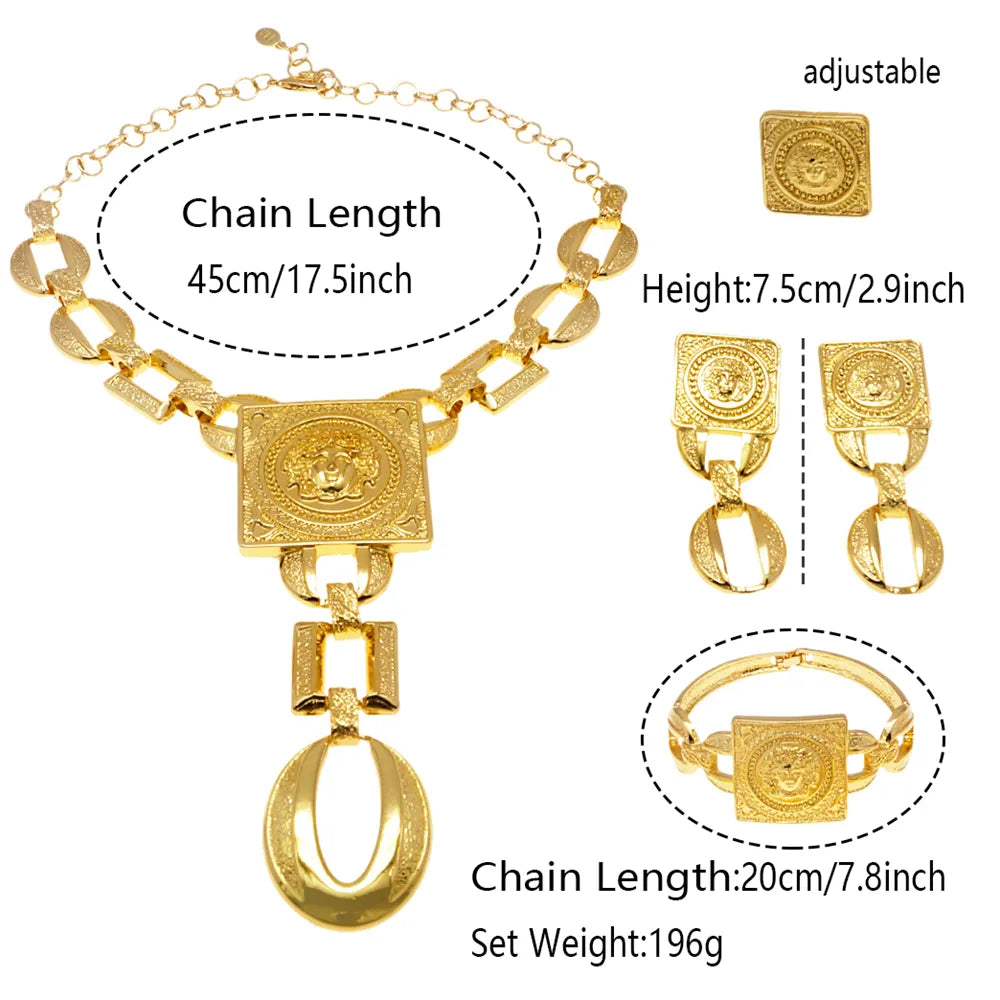 Hot Sale Fashion Ladies Necklace Jewelry Set Face Shape Chain Pendant Design Large Earrings Square Ring Gift Luxury Bijoux