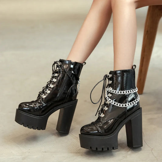 Gdgydh Women's Black Gothic High Heel Ankle Boots Sexy Chain Punk Style Patent Leather Platform Boots Lace Up Motorcycle Boots