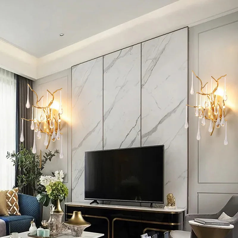 Home Villa Luxury Aluminum Branches K9 Crystal Wall Lamp Bedroom Bedside Living Wall Fitting Home Room Water Droplet Decor Bracket Light