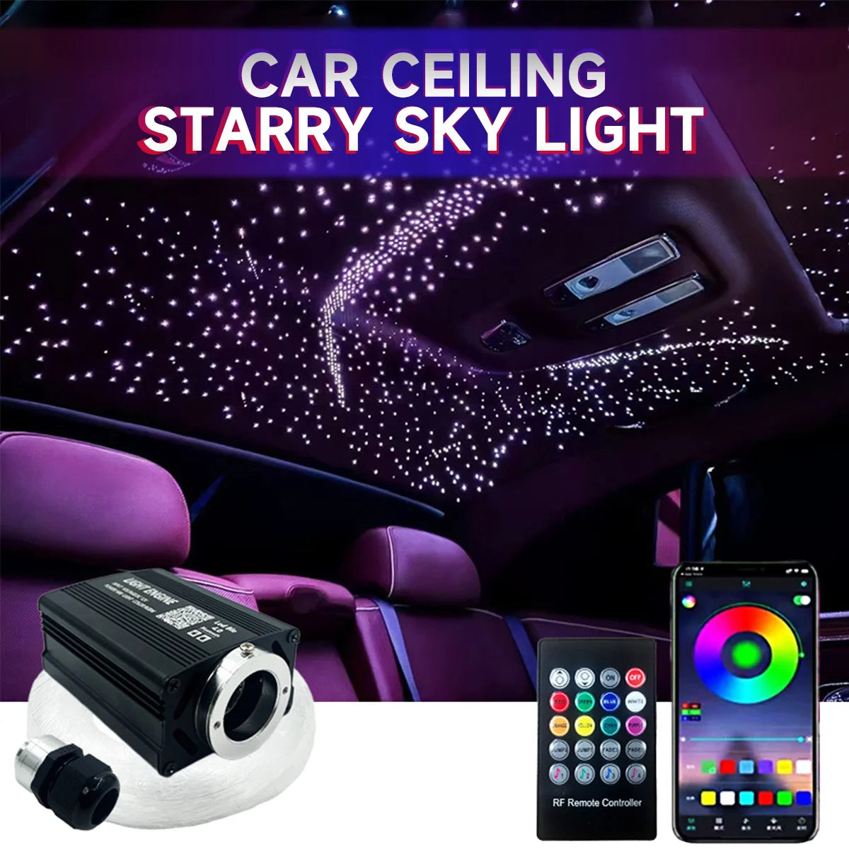 Bluetooth APP/Remote Control RGBW Fiber Optic Light Engine Car Roof Ceiling Starry Sky Meteor Projector Twinkle Music Sync Ambient Light Dynamic Symphony Atmosphere Vehicle Night Decoration Supplies