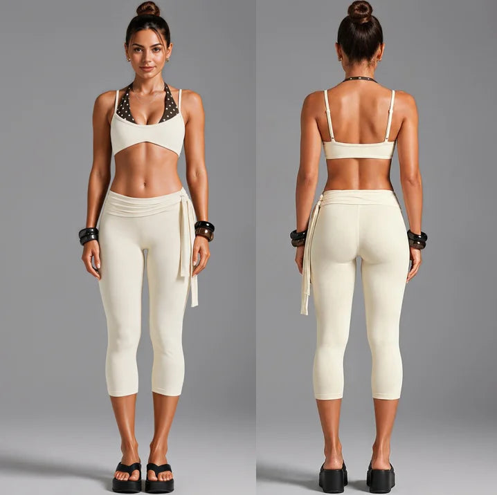 2 PCS Set 4 Colors Women Color-Block Yoga Suit, Halter Sports Bra & Tie-Side Fold-Over Waist Capris Quick-Dry Gym Workout Outfit
