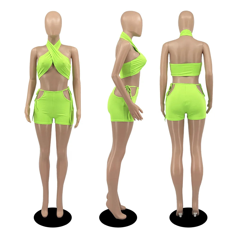 NEW Arrivals 2PCS Set 9 Colors Women Sexy Ruched Bandage Criss Cross Solid Hot Women Spring Summer Backless Evening Beach Party Night Club Crop Top and Shorts Matching Set