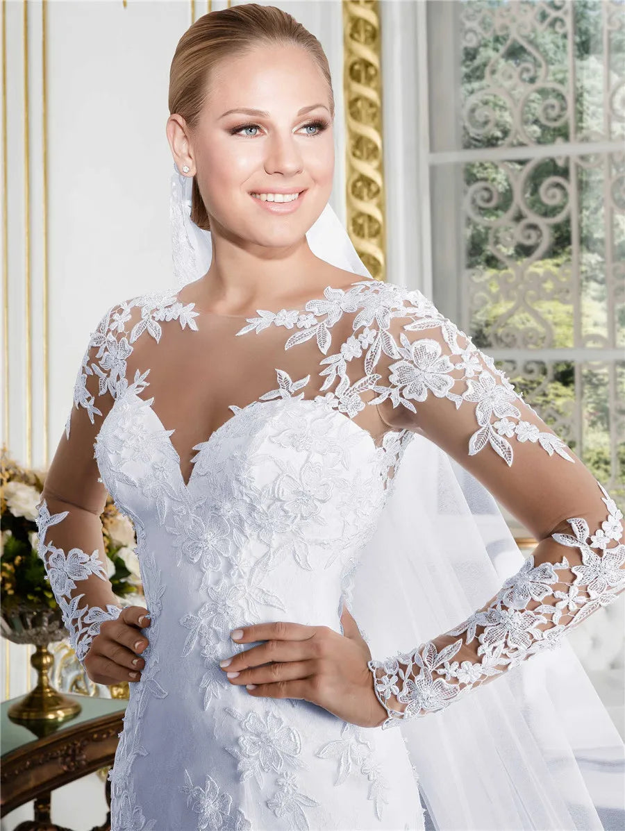 NEW Arrivals O-Neck Long Sleeve Mermaid See Through Illusion Back Bridal Gowns Plus Size Wedding Dresses Bride's Evening Prom Party Bridal Luxury Gowns