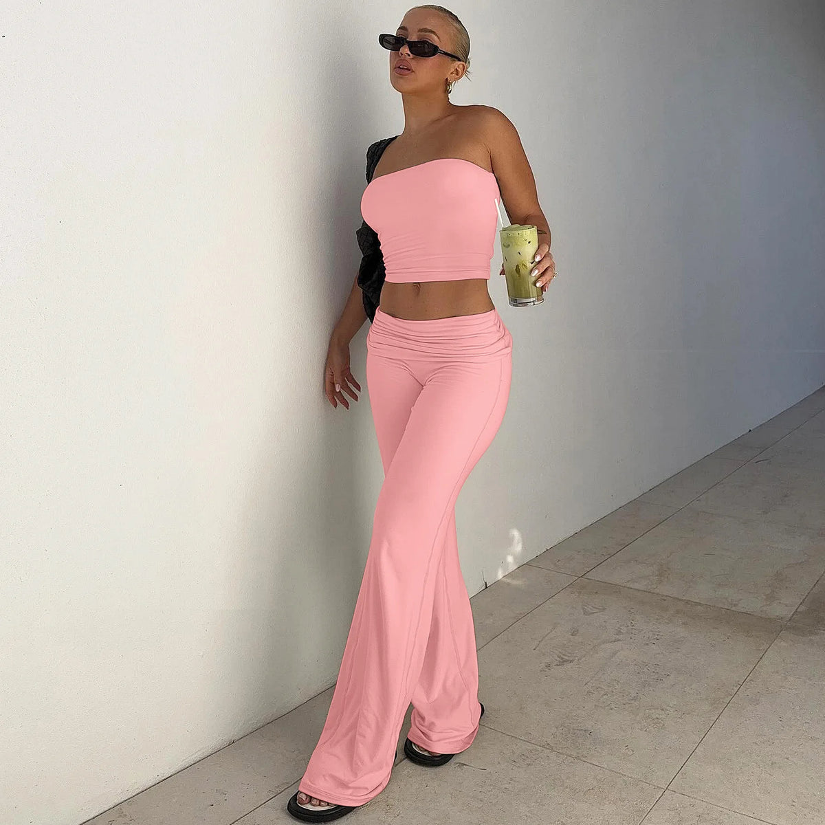 2 PCS Set 5 Colors  Crop Tube Tank Top and Flare Pants Sets Women's Spring Summer Clothing Sweat Suit Set Streetwear Outfit Ladies Casual Clothing Supplies